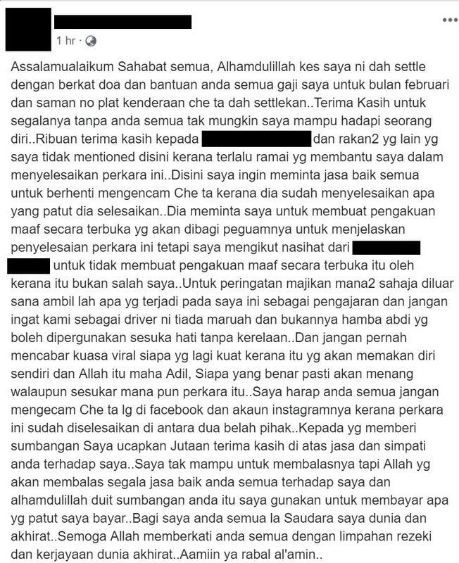 Kes Gaji Selesai, Bekas Pemandu Minta Henti Kecam Che Ta