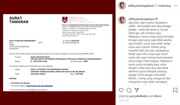 Aliff Syukri Dapat Tawaran Sambung Belajar Di UiTM