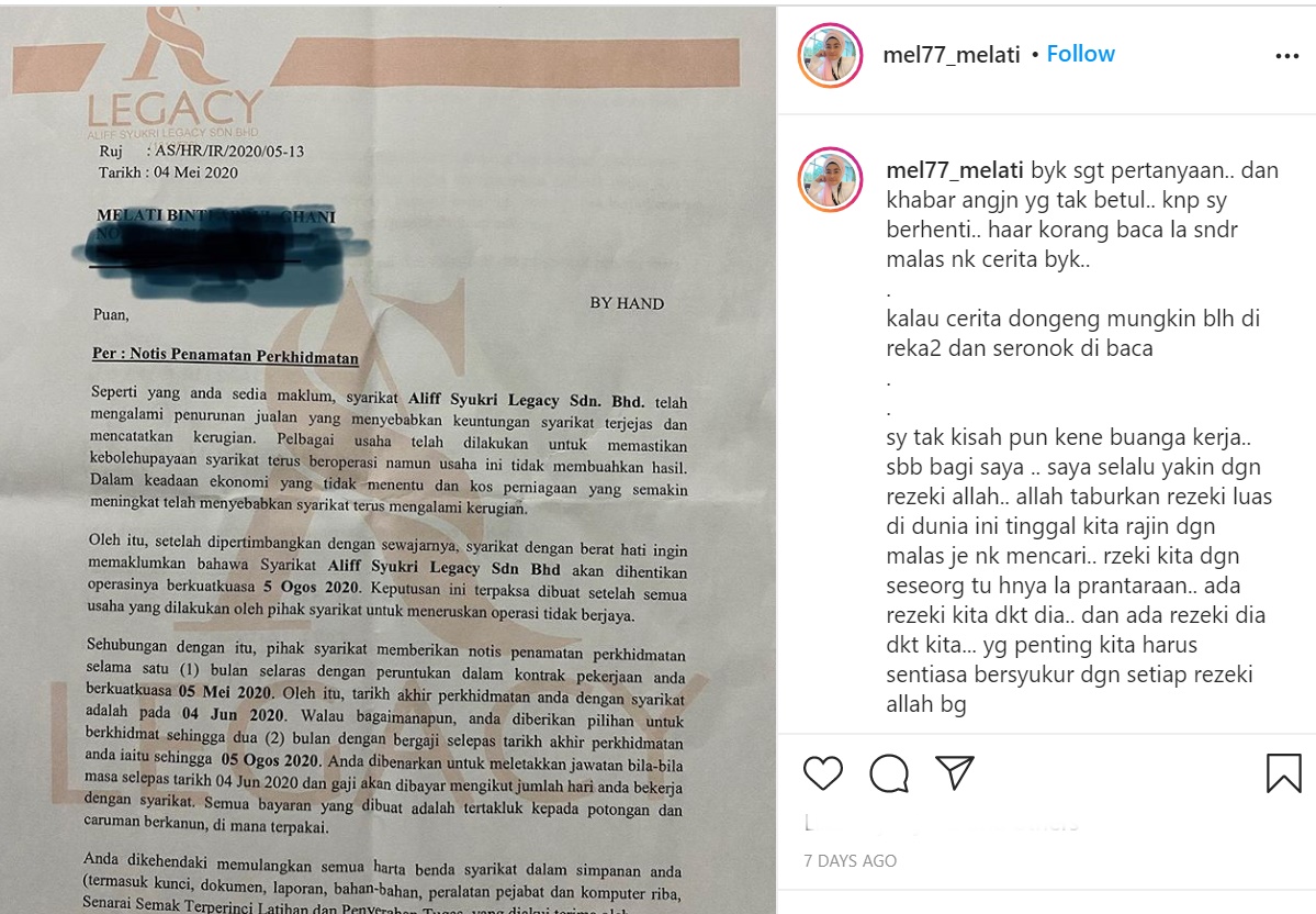 Pembantu Peribadi Aliff Syukri Luah Perasaan Diberhentikan Kerja